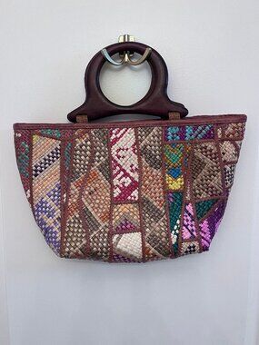 Boho Woven Patchwork Handbag w/ Wooden Handle – Statement Purse